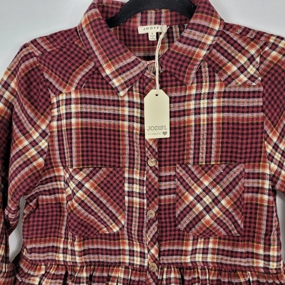 Jodifl Music In Me Plaid Button Up Flannel Shirt Burgundy White Black Sz S NWT - Picture 2 of 7